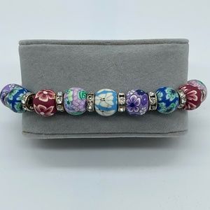 Flower Bead and Crystal Stretch Bracelet
